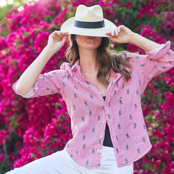 Frank & Eileen The Eileen Button Up Shirt in Pink Pineapple Stripe Size Medium - Picture 1 of 4